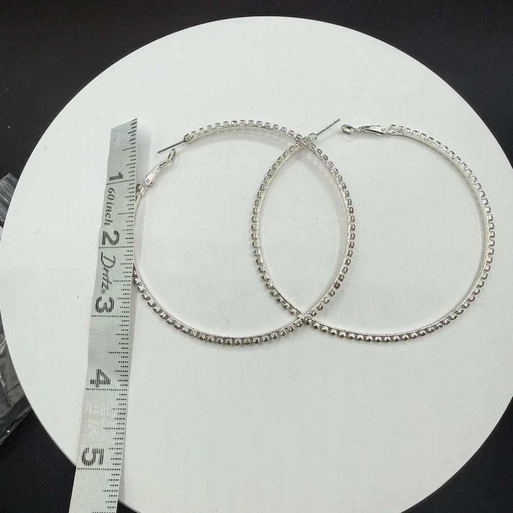 Large Rhinestone Hoop Earrings Silver Tone Sparkly Statement Y2K Party Gift